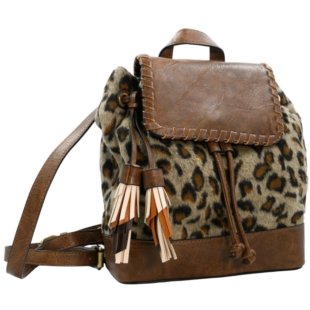 Jen & Co Kourtney Two Tone Backpack with Multi Color Tassells in Cheetah Khaki